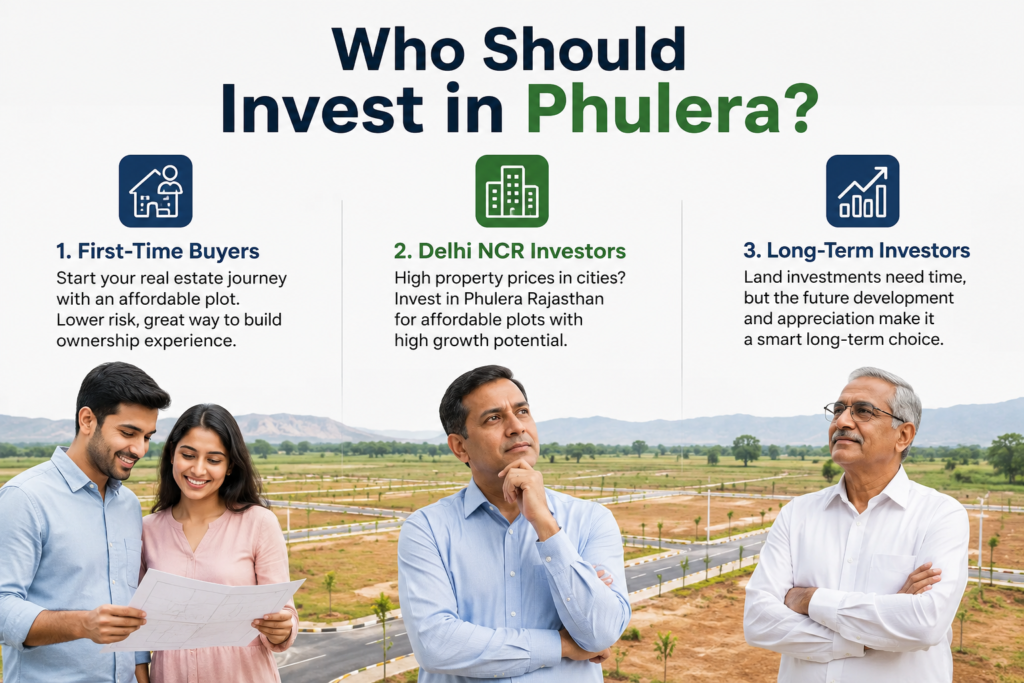 First-time buyers, Delhi NCR investors, and long-term investors exploring affordable plot investment opportunities in Phulera Rajasthan